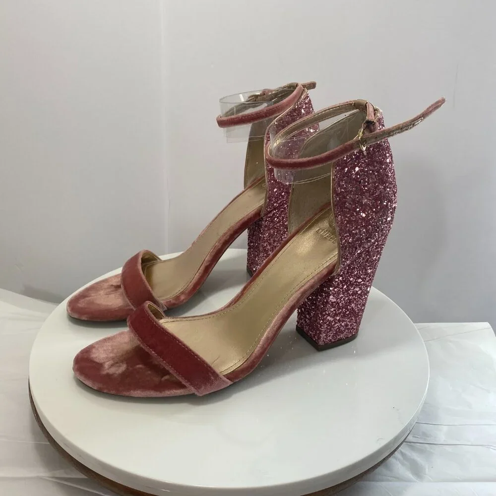 Guess Glitter Party Wrap BamBam Velvet Ankle Strap Block Heel Sandals 8.5 Pink‎